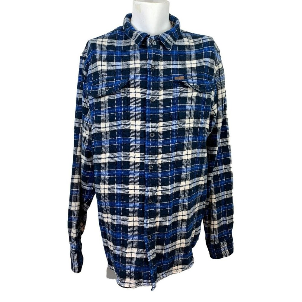 ORVIS Heavy Flannel Blue Plaid Shacket Button Front Long Sleeve Pockets